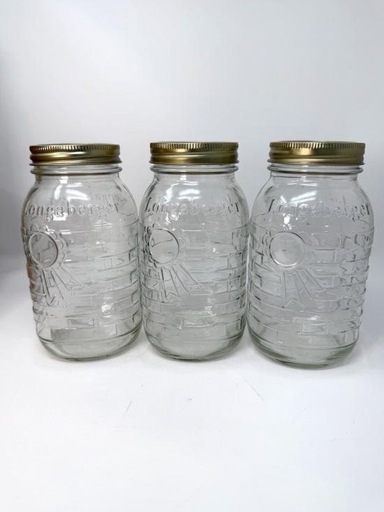 Longaberger Other - NEW Longaberger Blue Ribbon Quart Canning Jars Set 3 Glass USA w Lids Box